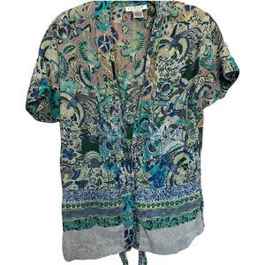 Citron Santa Monica Bird Silk Linen peacock Turquoise Jacquard Small Blouse